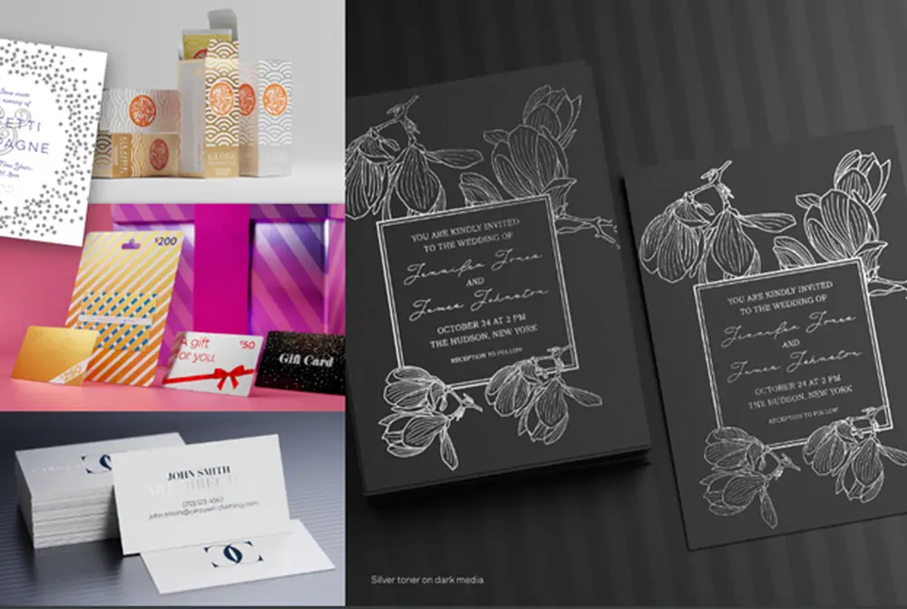 Various printed materials, including wedding invitations, business cards, gift cards, and packaging, showcasing different designs and finishes.