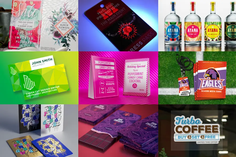 A collage of various printed materials, including business cards, flyers, posters, labels, and promotional items with vibrant and diverse designs.