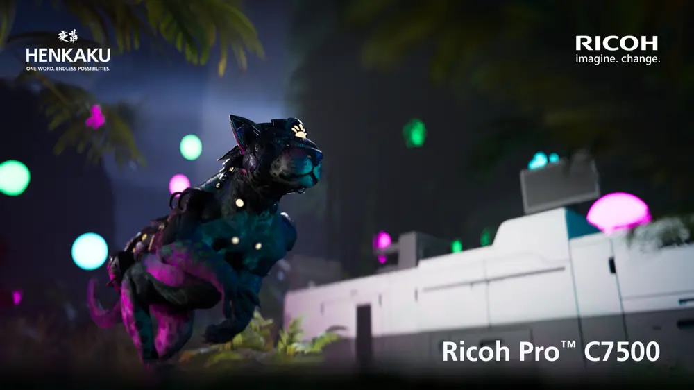 A futuristic scene featuring a robotic animal and high-tech equipment in a colorful, neon-lit environment.