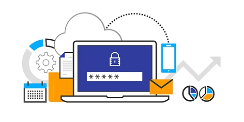 Illustration of a laptop with a password screen, surrounded by icons representing cloud storage, email, mobile devices, and analytics.