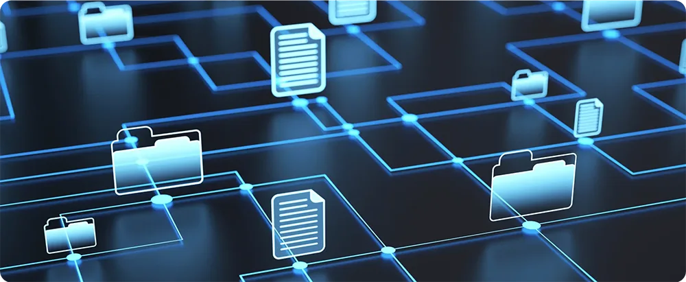 3D network grid with icons representing data storage and documents.