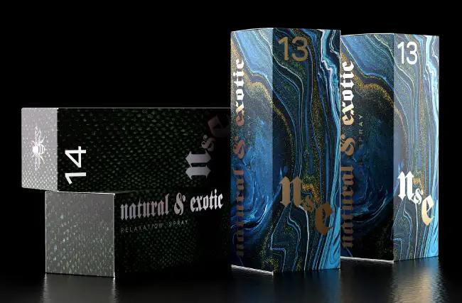 Two colorful, patterned boxes labeled "natural & exotic" with the numbers 13 and 14, on a black background.